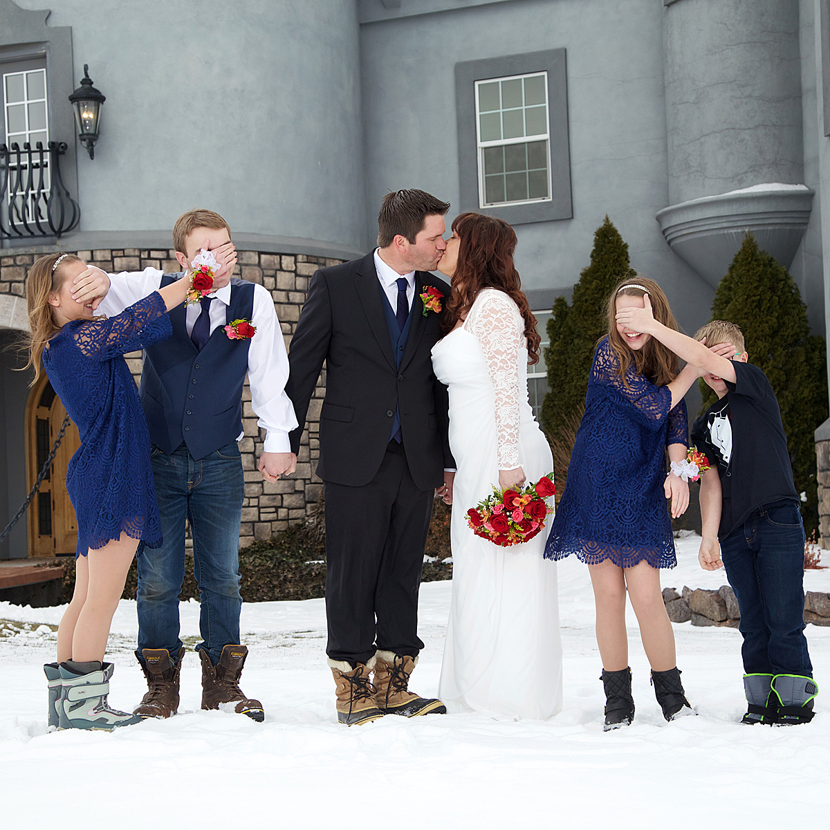 bridal party outside on a winter day
