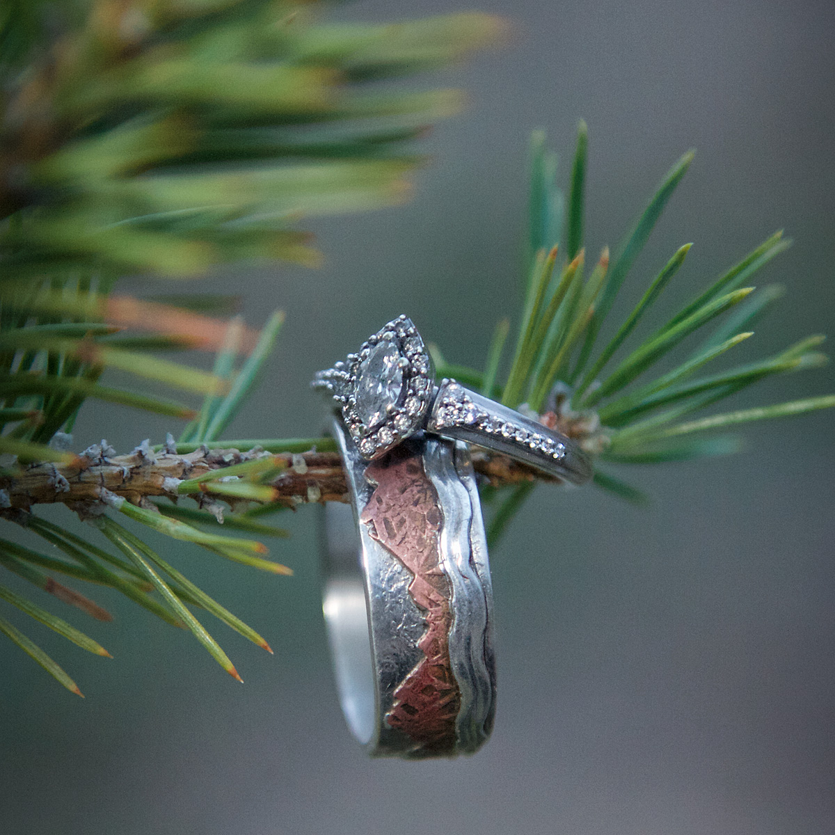 wedding ring on pine branch